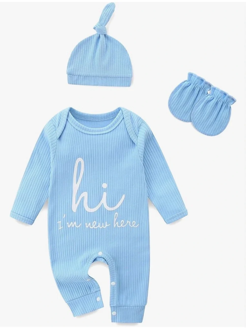 NWOT | Hi I'm New Here Blue Ribbed Baby One-Piece with Hat & Mittens